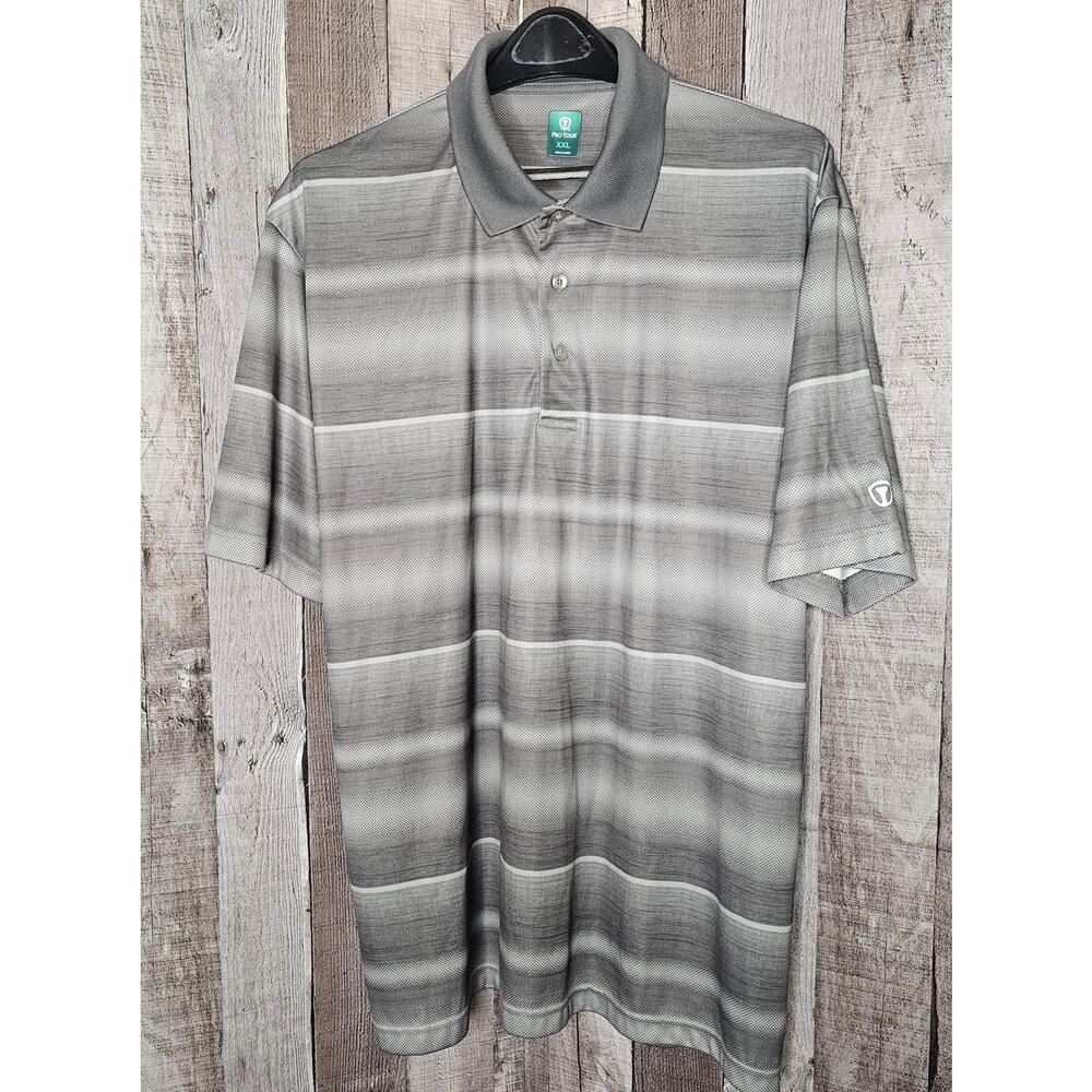 Pro Tour Men’s XXL 2XL Polo Shirt Golf Short Sleeve Gray on Grey White Stripe